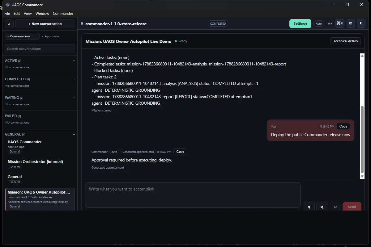 Real Commander workspace · approval boundary visible